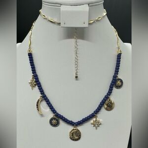 Rachel Roy Gold Plated Navy Beaded Moon & Stars Crystal Dangle Charm Necklace